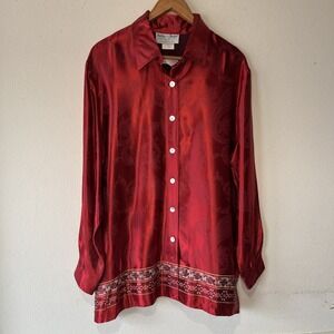Vtg Y2K Delta Burke Red Paisley Satin Collared Button Down  1X Mature New USA